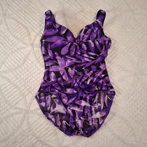 Miraclesuit Size 16 Peregrina Tummy Control One Piece Swimsuit Purple Black Leaf